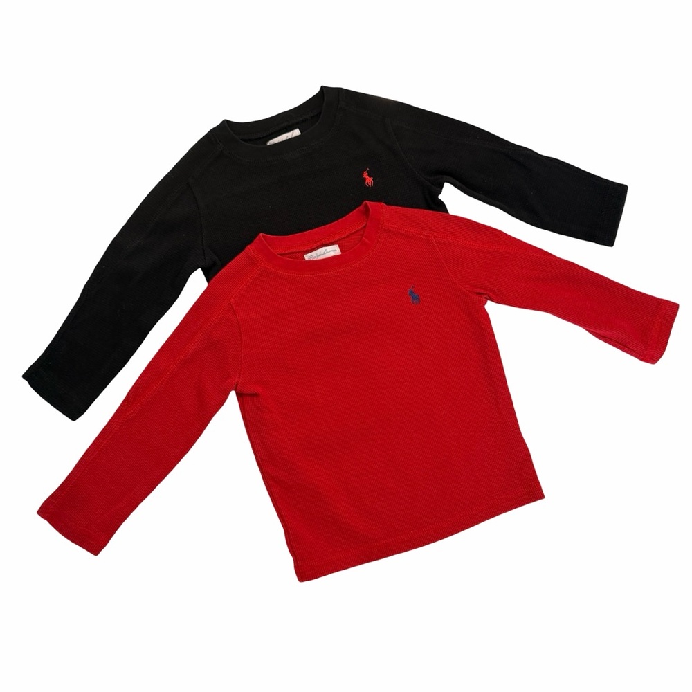 Ralph Lauren Boys Waffle Knit Long Sleeve Tee Bundle Red and Black – 18M